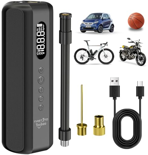Tccbac Fahrradpumpe Elektrisch 5200mAh Elektrische Luftpumpe 10Bar Mini Akku Kompressor mit Manometer für Alle Fahrräder Motorräder und Autos