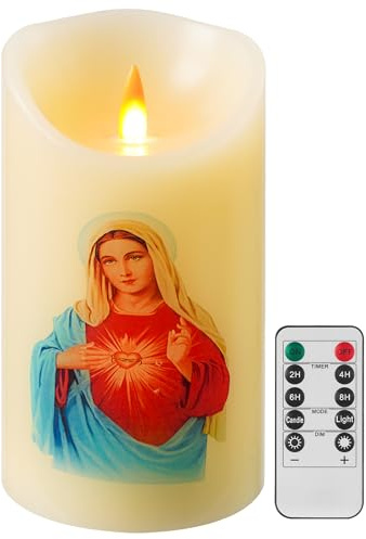 QQFCTOO LED Prayer Flameless Candle with Remote Timer, Battery Powered Candle, Religious Candle, Real Wax, for Home Altar, Church, Devotional,6 x 3.2(Virgin Mary)