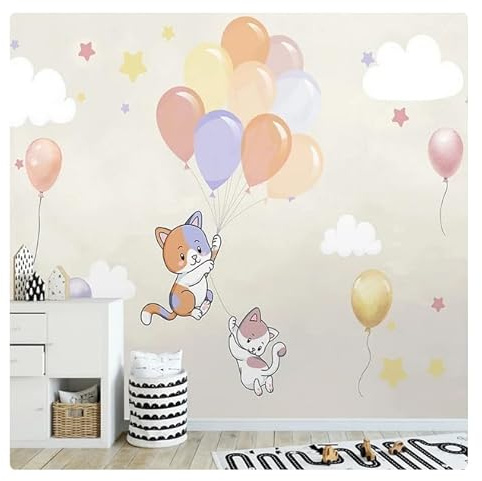 Papel tapiz de globo aerostático personalizado Mural de pared 3D pintado a mano Nubes de gatitos Decoración de cumpleaños para dormitorio infantil Pintura Foto * 150 cm x 105 cm (59,1 x 41,3 pulgadas)