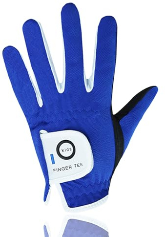 FINGER TEN Golfhandschuhe Kinder Jugend Junior Mädchen für Linke Hand, Junge Golf Handschuhe Atmungsaktive Mikrofaser Synthetische Rechtshänder für Alter 4-13 Jahre (blau, S)