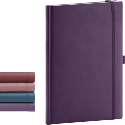 NOTIQUE Anteckningsbok linjerad, inbunden anteckningsbok, anteckningsbok, dagbok med gummiband och pennhållare 15 x 21 cm, 192 sidor (lila, linjerad)