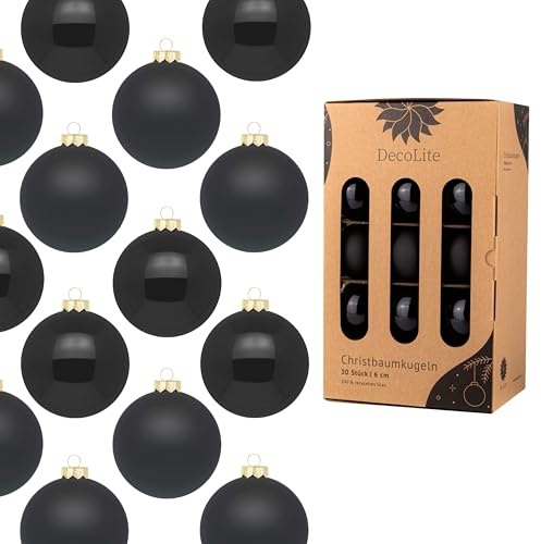 DecoLite Weihnachtskugeln Glas 6 cm, 30er Set, Schwarz Matt-Glänzend | 30 Glaskugeln Ø 6 cm, innen echt versilbert, inkl. S-Aufhänger 3,8 cm, plastikfreie Kartonbox