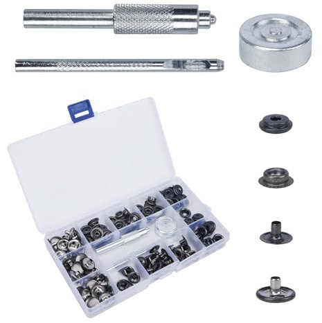 Luabue 32 Sets Druckknopf Set Metall Druckknöpfe Schwarzen 15mm Kleidung Snaps Taste mit Fixierwerkzeug Kit für Leder Handwerk Jacke Brieftasche Handtasche