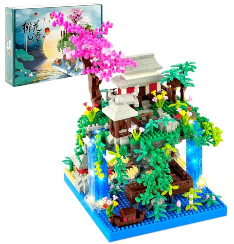 HOTUT Pfirsichblüten Baumhaus Bauklötze Kit, 1435 Stück Micro Klemmbausteine Pfirsichblüten Teich Architektur Mini Baustein, Kirschblüte Baumhaus Lichter Bausatz Sakura Bonsai Baum Baustein