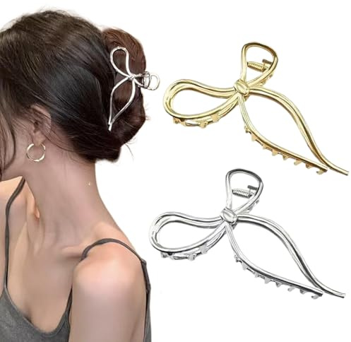 YUEELI 2 Stück Schleife Haarspangen Metall Klaue Clips Elegante Schleife Haarklammern Große Haarspangen Große Schmetterling Clips Starker Halt Kieferclips für dünnes und dickes Haar, Gold und Silber