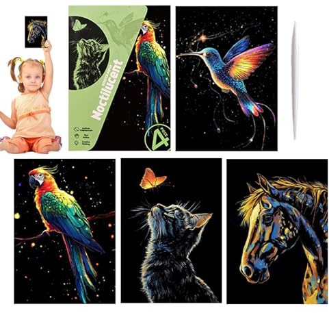 4 X Kunst-Kratzbilder Für Kinder, Handgefertigte Glitzer-Kratzpapier-Bastelartikel, Kreativbedarf, Malvorlagen Im A4-Format, Landschafts- Und Tier-Graffiti-Karten, Spielzeug, Kunstprojekte