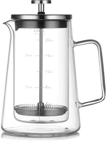 Eioeeklop Cafetera de Prensa Francesa de 650 Ml - Tetera de Vidrio de Borosilicato de Doble Pared, Cafetera con Filtro