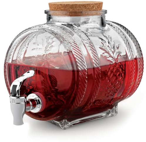 Dispensador de Bebidas de Vidrio en Forma De Barril con Grifo, Tarro de Cristal con Tapón de Corcho y Grifo para Agua, Whisky, Vino y Refrescos, Ideal para Fiestas, Bodas y Eventos, 2.9 Litros