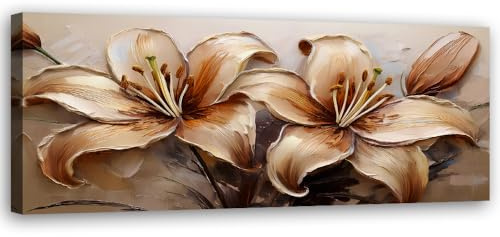 Feeby Wandbilder - Bilder Schlafzimmer - Glamour Lilien Blumen Sepia Beige - 120x40 1tlg - Wohnzimmer Bild Groß - Wohnungs - Foto Geschenk - Leinwand Wall Art - Wand Deko