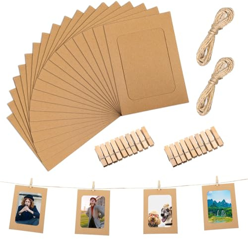 BOHUIZ 20 Pcs Paper Photo Frame, 4x6 Inch Paper Picture Frames Hanging Photo Display with Clips Photos Display Banner Picture String with Clips Photos Holder for Home Wall Office Wedding Party Decor
