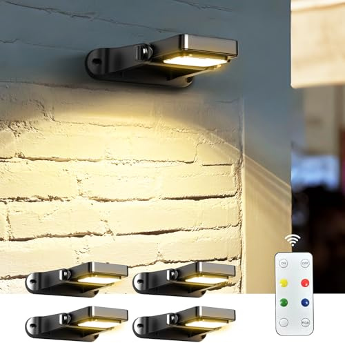 COXSENI Solar Wall Lights Outdoor with Remote Control, Large Battery, 6 Color Modes, Warm/Cool White, RGB, IP65 Waterproof 360° Adjustable Angle for Fence Porch Yard Deck Step, 4 Pack