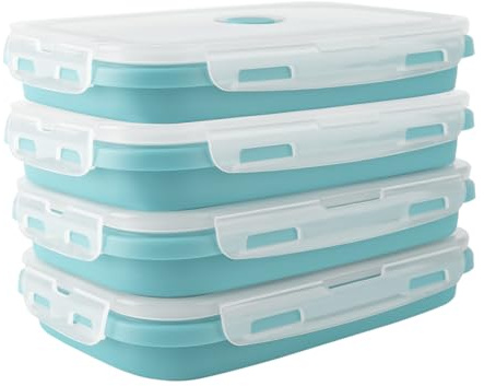 4er Set 1200ml Faltbare Silikon Brotdosen & Frischhalteboxen, zusammenklappbare Behälter mit Deckel & Verschlussbügel, auslaufsicher BPA-frei, mikrowellen- gefrierschrank- spülmaschinengeeignet, Blau