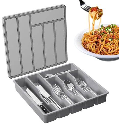 Range Couverts Pour Tiroir Avec Couvercle, Porte-ustensiles Pour Plan De Travail, Plateau D'Ustensiles Pour Tiroir, Boîte De Rangement Couverts De Cuisine, Organisateur De Couvert, 7 Compartiments