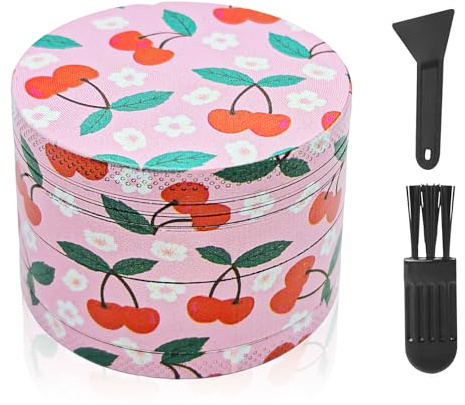 Metal Grinder 50MM Crusher 24 Grinding Teeth Cool Grinder 4 Layers | With Scraper Plastic Brush Pink Grinder Cherry Design Metal Crusher for Spice Mill Gifts Grinder Kitchen