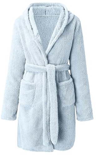 Ngbbby Vinterbadrockar för kvinnor med huva himmelsblå badrock för kvinnor med midjerem polyester kort badrock med ficka för hem, hotell, lägenhet
