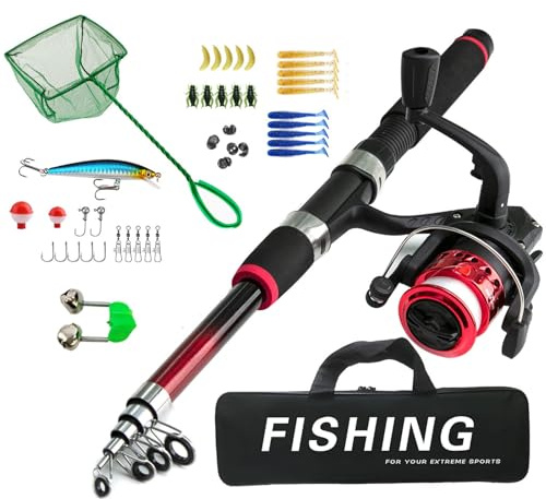 Chenxi Studio Angelset für Anfänger, für Kinder, Teenager, Ausrüstung, Teleskop-Rute, Rolle mit Schwimmer, Köder, Haken, Kescher, Angelruten-Set für Anfänger
