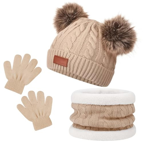 MUNSKT 3Pcs Kids Winter Warm Beanie Hat Scarf Gloves Set for 1-5 Years Old Boys Girls. Winter Accessories Sets for Children Outdoor Sports, Knit Thick Warm Fleece Lined Thermal Sets