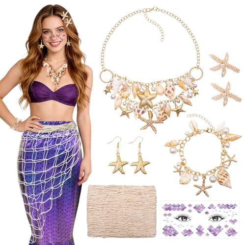 JJKOL 8 Stück Meerjungfrau Kostüm Damen, Kostüm Meerjungfrauen Schmuck Set mit Seestern Haarspange, Muschelkette, Armband, Fischernetz und Ohrhänger, Meerjungfrau Accessoires für Karneval Cosplay
