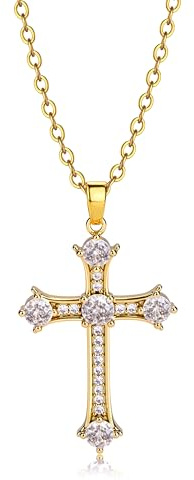 16K Vergoldet Silber CZ Kreuz Anhänger Kreuzkette Kette Damen Schmuck | Zarte Necklace Hypoallergene Halskette Damen mit Einfachem Kubik Zirkonia Kreuz AnhäNger, Modischer Schmuck 43cm+5cm