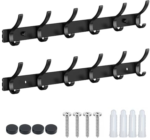 Sythrix 2 Pack Black Coat Hooks Wall Mount - 6-Hook Coat Rack with Screws & Anchors, Heavy-Duty Wall Hanger for Entryway, Bathroom, Kitchen