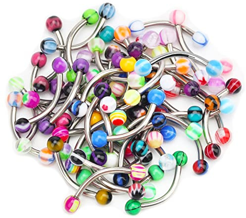 CrazyPiercing Colorful Acrylic Ball Stainless Steel Curved Bar Eyebrow Rings Tragus Piercing, 50Pcs, 16G (Stainless Steel Bar)