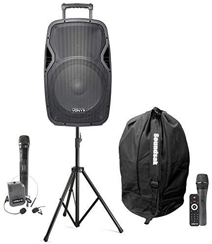 Vonyx AP1500PA Portable PA System 800W with Wireless Microphones, Bluetooth Speaker, Headset Microphone, Adjustable Stand & Storage Carry Bag PA Bundle