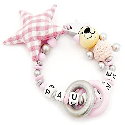 Greifling mit Namen - Häkelbär/Krone/Stoffstern in rosa/silber