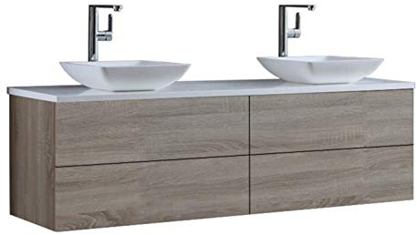 StoneArt Badmöbel Set mit Mineralguss Waschbecken Waschschale Aufsatzwaschbecken und Unterschrank Waschtisch Einzel- oder Doppelwaschbecken Brugge BU-1601pro-2 Eiche hell 160cm