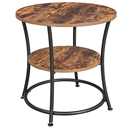 VASAGLE Beistelltisch rund, 2-stufiger Couchtisch, Konsolentisch, Stahlrahmen, für kleine Räume, Wohnzimmer, Schlafzimmer, vintagebraun-tintenschwarz LET56BX