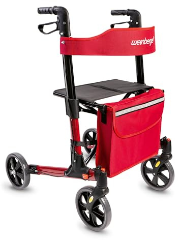 Weinberger Rollator faltbar und leicht mit Sitz | Tasche, Stockhalter, Griff, klappbar für alle Gelände | Höhenverstellbarer Indoor & Outdoor Rollator für Senioren | Gehhilfe, schmal, rot
