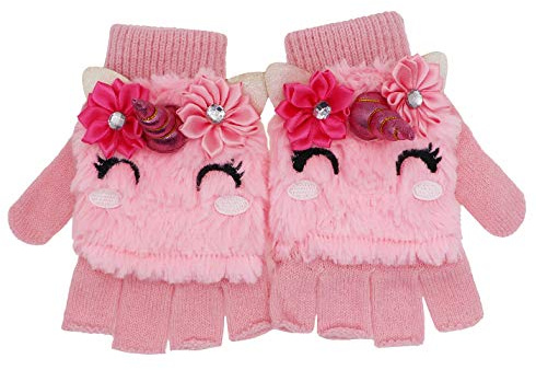 Newfancy Kids Unicorn Flip Top Gloves with Mitten Cover Knitted Winter Fingerless Convertible Mittens for Boy Girls Toddler, Pink, One Size