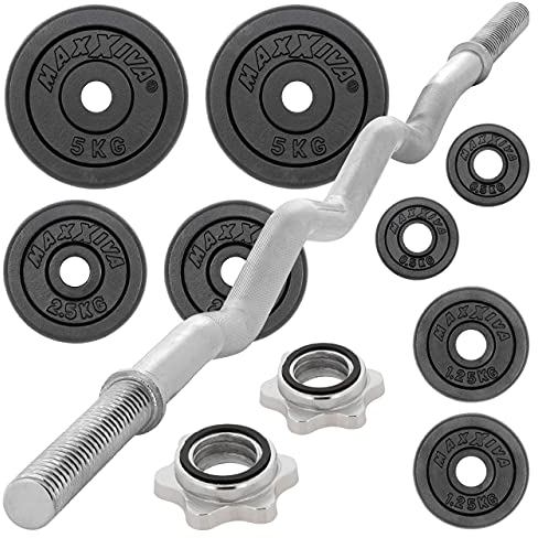 MAXXIVA Curl-Set 120 cm 26 kg 8 Gewichte Gusseisen Krafttraining Zugstange silber verchromt Workout Bodybuilding Fitness Sternverschlüsse Gewichtheben