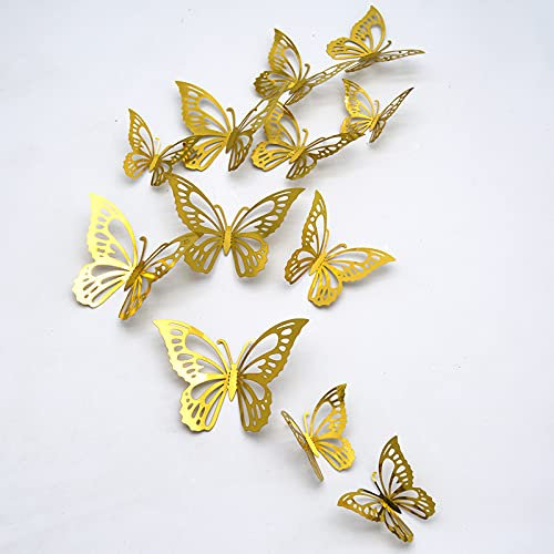 24 pcs 3D Papillon Stickers Muraux, CAYUDEN Autocollants Combinaison 3D Papillon Stickers Combinés Décoration Maison DIY Amovibles Papier Décora pour Maison, Salon, Chambre, Décor Fête(D'or)