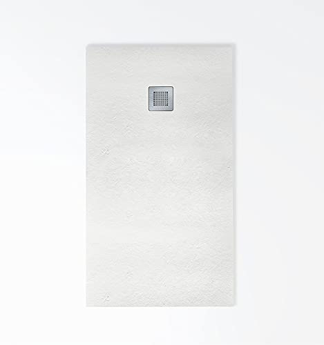 Plato de ducha de resina BLANCO Extraplano, incluye válvula y rejilla, todas las medidas disponibles. 5 Años de garantía. Textura pizarra antideslizante C-3. Medidas gran formato. Capa de GEL COAT.