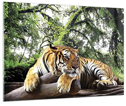 ARTTOR Glasbild 100x70cm Wandbild Glasdruck Tiere - 4166 | Tiger Dschungel Ausruhen Groß Modern Dekoration Wohnzimmer Schlafzimmer Küche Wanddeko Kunstdruck Art Wall Decor ARTTOR