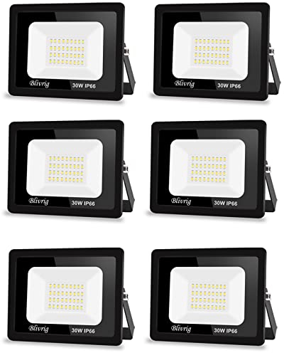 Blivrig Proyector exterior LED 3000LM IP66 impermeable para exteriores, 6 unidades, 30 W, luz blanca fría