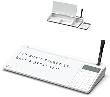 TOWON Skrivbordsglas whiteboard med grundläggande miniräknare, 12-siffrig LCD-skärm, skrivbordsorganisatörer med tillbehör för kontor, hem, skolmaterial, förvaring med torr raderbar brädyta, vit, 40 x