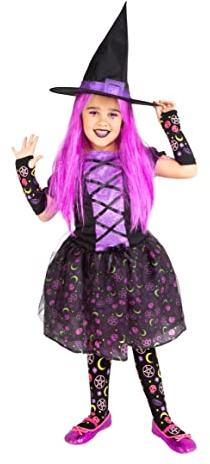 Rubies Bruja Moonlight Purple per bambina, vestito colore lilla, cappello e calze, originale, halloween, carnevale e compleanno