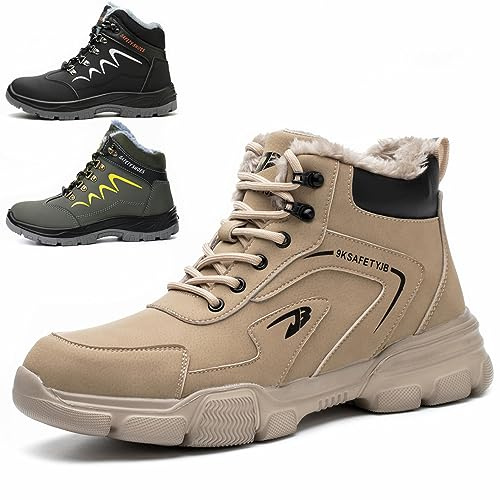 NACKINg Chaussures de Sécurité Hommes Femmes Imperméable Hiver Basket de Securite Embout Acier Protection Bottes Chaussures de Travail Antidérapante Chaudes, Marron, EU 45