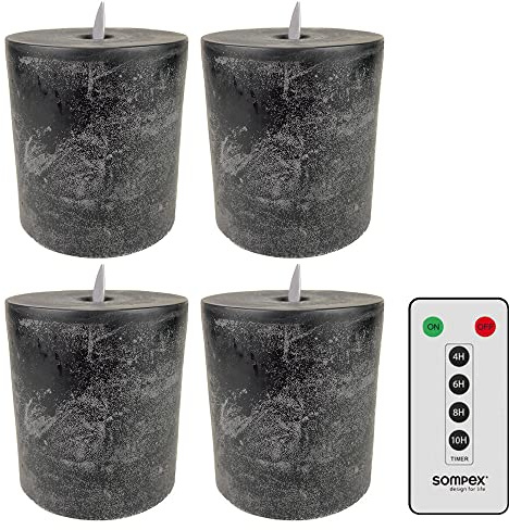 Sompex LED Kerzen mit Timerfunktion und flackernder Flamme, anthrazit ⌀ 10cm, Höhe 10,5cm, Adventskranz 4er Sets, Weihnachtsdeko, LED Deko, Stumpenkerzen (4er Set mit Fernbedienung)
