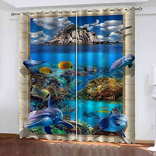 Vorhang Blickdicht Ösen Thermo Verdunkelungs Polyester Gardinen 2 Stück 3D Insel-Meereslebewesen Delphin Für Schlafzimmer Wohnzimmer Kinder Oder Babyzimmer 150(B)X166(H) Cm - Bedruckte Verdunkelungsv