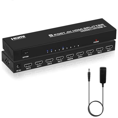 TCNEWCL 4K HDMI Splitter 1 in 8 out, 8 way Audio Video Distributor, Supports 3D, EDID, HDCP, with UK Powered Supply