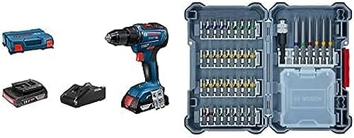 Bosch Professional Akkuschrauber GSR 18V-55 (2x 2,0 Ah Akku, GAL 18V-40, 18 Volt System, max. Drehmoment: 55 Nm, in L-Case) + 40tlg. Schrauberbit-Set (Pick and Click, Zubehör)