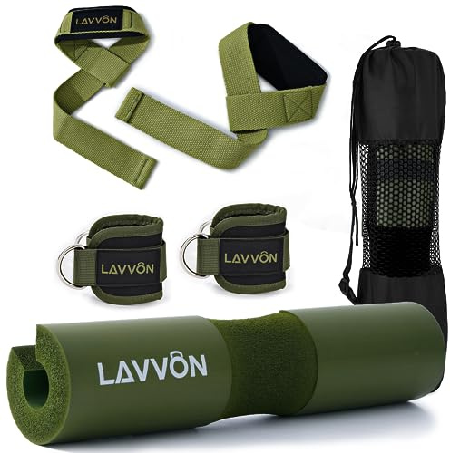 Squat Pad Set - Foam Barbell Pad for Squats Cushion, Lunges & Bar Padding for Hip Thrusts -Standard Olympic Weight Bar Pad,Gym Accessories for Women(Ankle Straps,Wrist Straps for Weightlifting)(Army-Green)