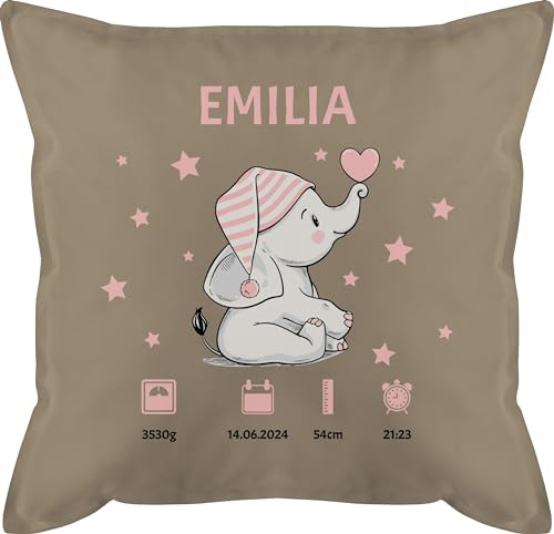 Kissen 50x50 - Elefant Geburtsdaten mit Name personalisiert I Geschenk zur Geburt - 50 x 50 cm - Beige Natur - neugeboren geburtskissen personalisierte Baby und Gewicht kopfkissen Junge