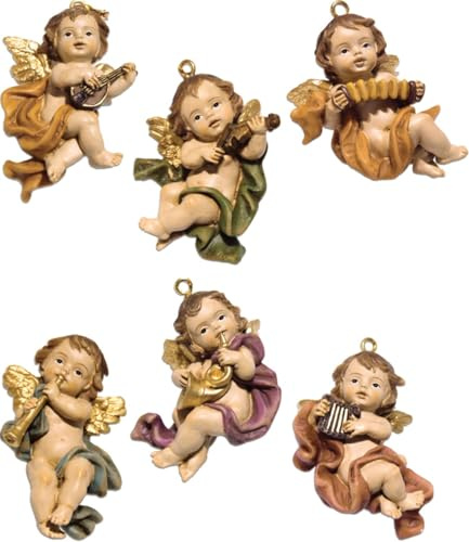 FADEDA 6 x Angel Hanging Musical Figurines, Height: 6 cm, Hand-Painted, Detailed Nativity Scene Figures, Christmas Table Decoration, Nativity Accessories