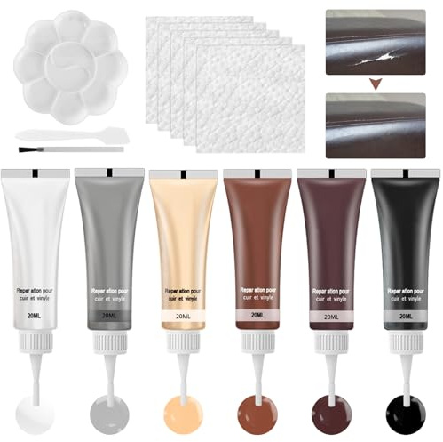 Lederreparatur Creme, 6 Farben Leder Reparatur Set, Leder Restaurator Set | Kunstleder Reparaturset, zum Ausbessern leichter Kratzer, Abrieb und Farbverlust, mit Pinsel und Spatel