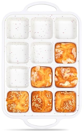 AOTASO 1 molde cuadrado para brownie con divisores, mini molde de silicona para hornear individual antiadherente, 12 tazas, moldes cuadrados para magdalenas con marco reforzado de metal (crema)