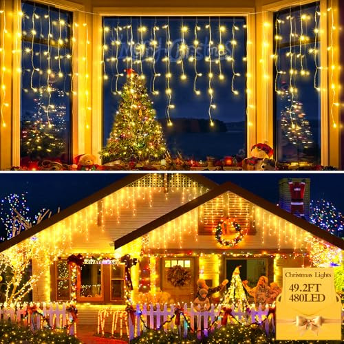FLVOECN 15M 480 LED Eisregen Lichterkette Außen, Lichterkette Weihnachten, Weihnachtsbeleuchtung Außen mit Timer 12 Modi, Memory-Funktion Wasserdicht Lichterkette für Terrasse Balkon Weihnachtsdeko