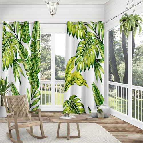 Hiseng Tende da Esterno con Anelli, 2 Pezzi Tende da Sole Tenda Oscurante Impermeabile Tenda per Esterni per Giardino Cortile Balcone Protezione Solare -Pianta Nordica (137x274cm,Foglie di banano)